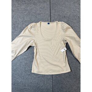 Old Navy Blouse Top Women's L Beige Cropped Knit Puff Sleeve Scoop Neck Pullover